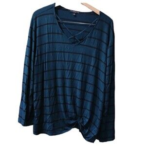 Signature Studio Green & Black Striped Long Sleeve Vneck Shirt 3X